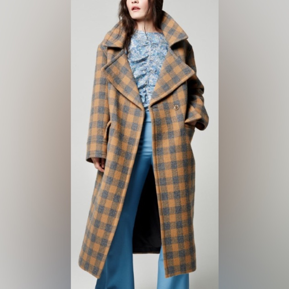 Smythe Blanket Coat Camel/Grey Check, size Small